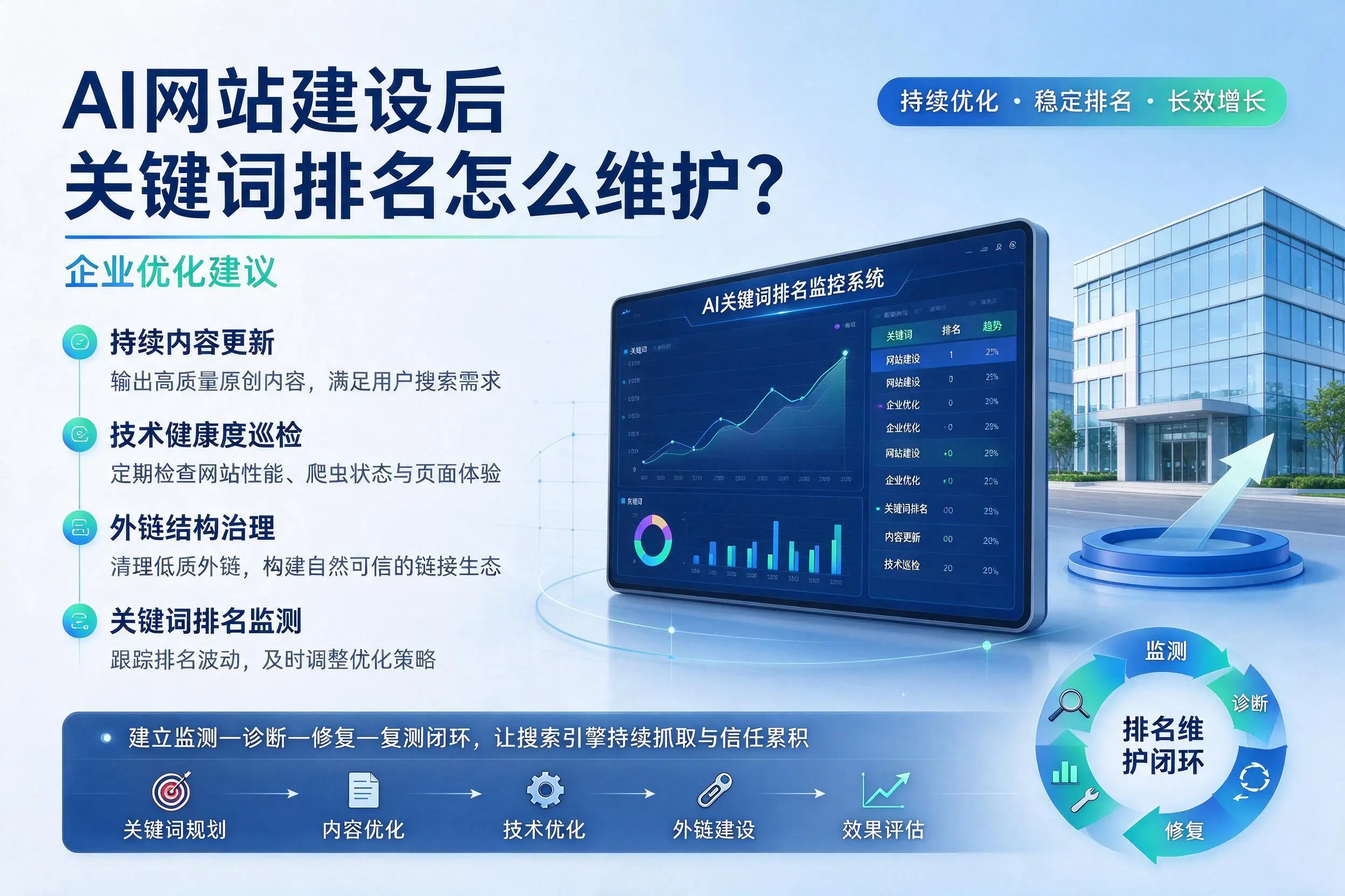 AI网站建设后关键词排名怎么维护?六盘水企业优化建议